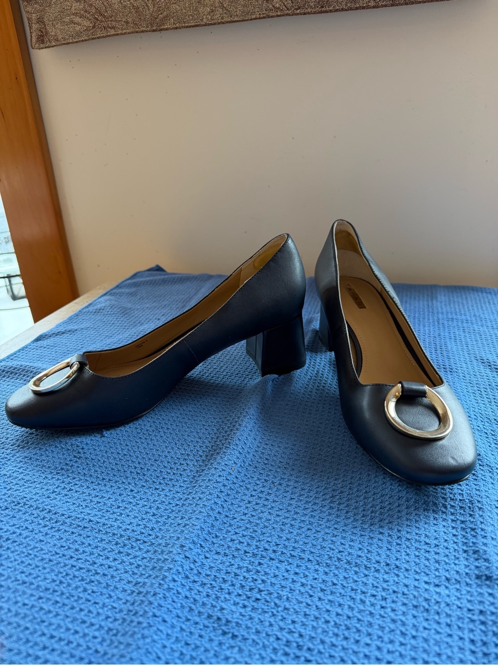 Tahari Navy Round-Toe Block Heel Pumps with Silver Ring